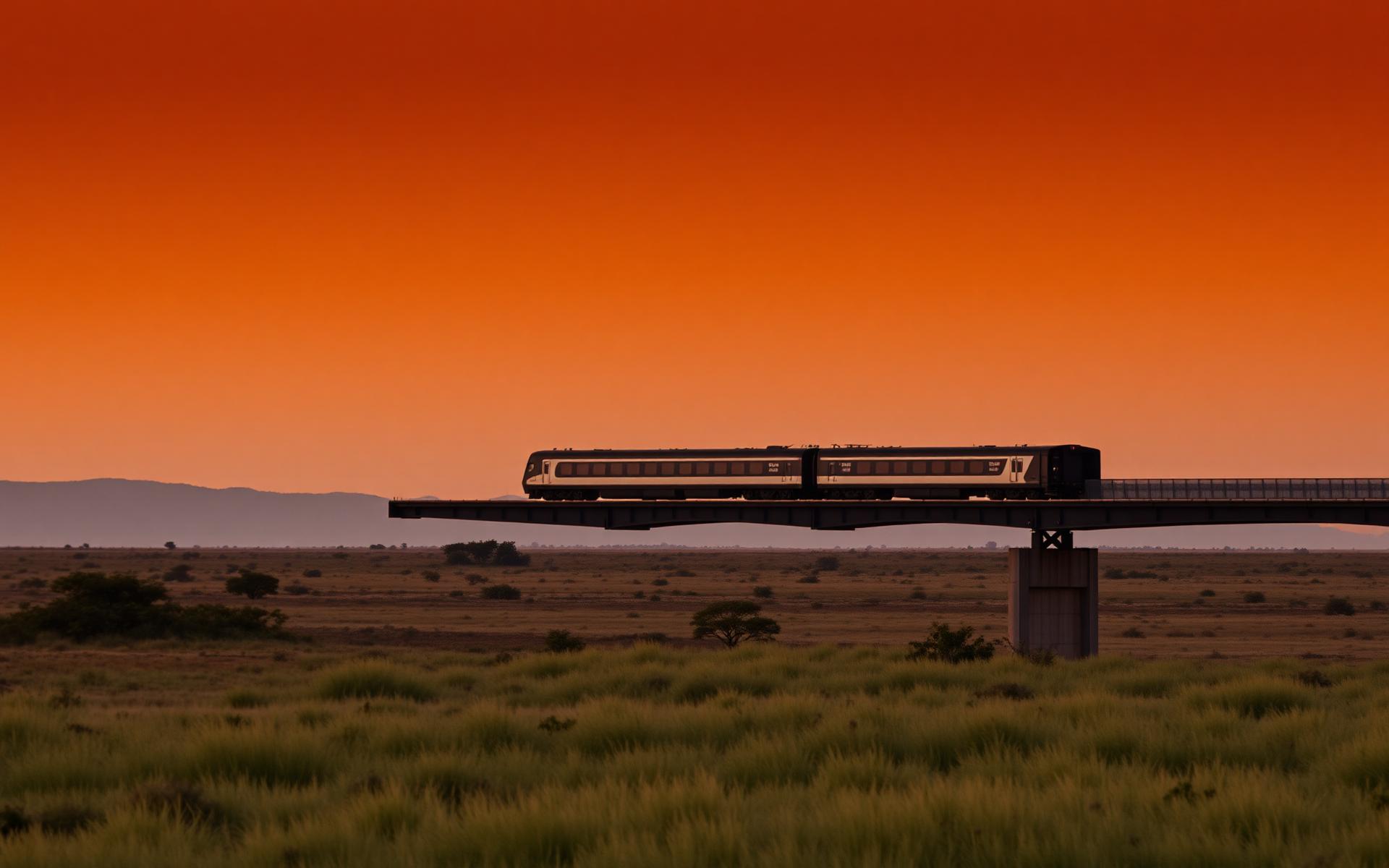 Passenger train crossing a bridge at sunset